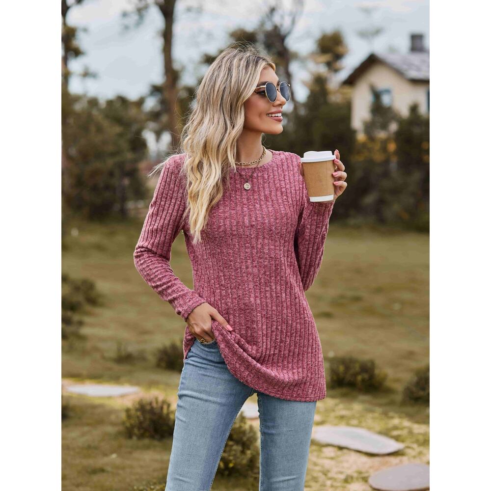 Ribbed Round Neck Long Sleeve Tee